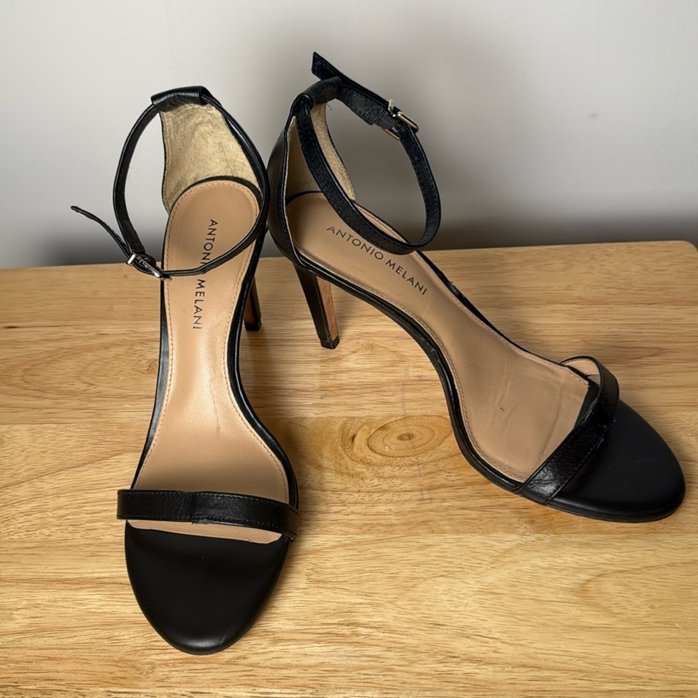 Antonio Melani Women’s Black Leather Sandal Heels Ankle Strap size 9 - Picture 1 of 6